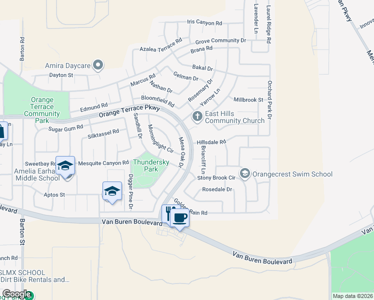 map of restaurants, bars, coffee shops, grocery stores, and more near 8728 Mesa Oak Drive in Riverside
