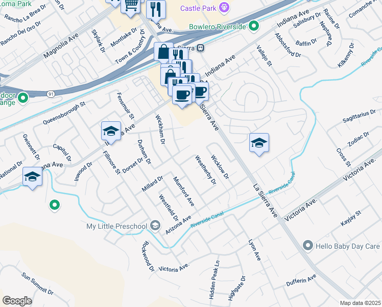 map of restaurants, bars, coffee shops, grocery stores, and more near 11231 Heathrow Drive in Riverside