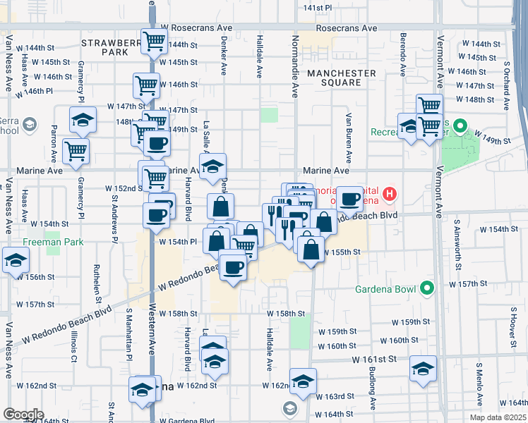 map of restaurants, bars, coffee shops, grocery stores, and more near 1492 West 153rd Street in Gardena