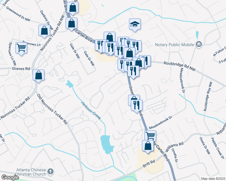 map of restaurants, bars, coffee shops, grocery stores, and more near 6492 Story Circle in Norcross