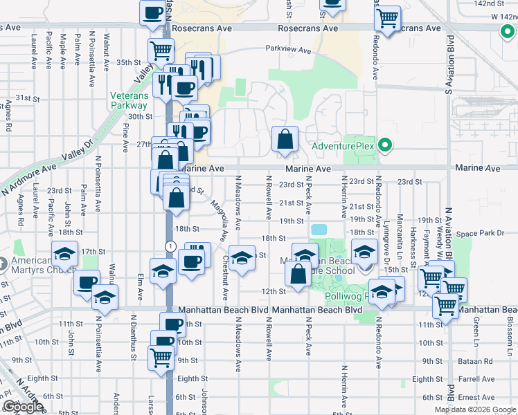 map of restaurants, bars, coffee shops, grocery stores, and more near 1334 21st Street in Manhattan Beach
