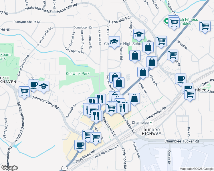 map of restaurants, bars, coffee shops, grocery stores, and more near 3480 Sexton Woods Drive in Chamblee