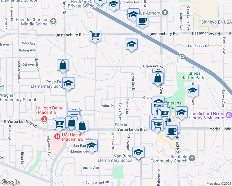 map of restaurants, bars, coffee shops, grocery stores, and more near 4712 Santa Fe Street in Yorba Linda