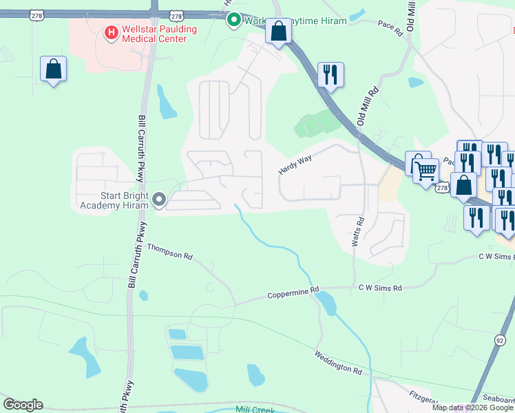 map of restaurants, bars, coffee shops, grocery stores, and more near 334 Rosemont Ct in Hiram