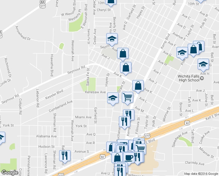 map of restaurants, bars, coffee shops, grocery stores, and more near 2909 Ave L in Wichita Falls