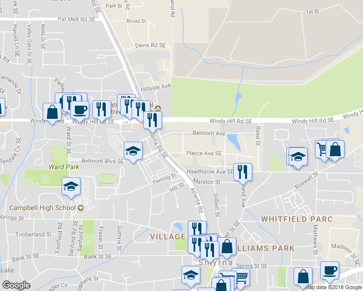 map of restaurants, bars, coffee shops, grocery stores, and more near 2495 Adams Drive Southeast in Smyrna