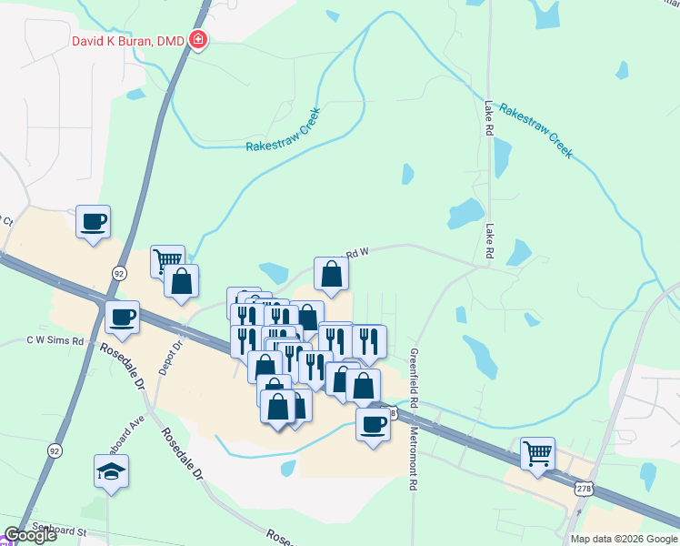 map of restaurants, bars, coffee shops, grocery stores, and more near 1553 Lake Road West in Hiram