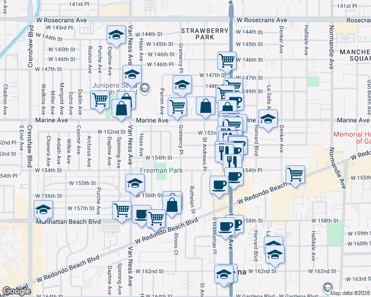 map of restaurants, bars, coffee shops, grocery stores, and more near 1952 West 153rd Street in Gardena