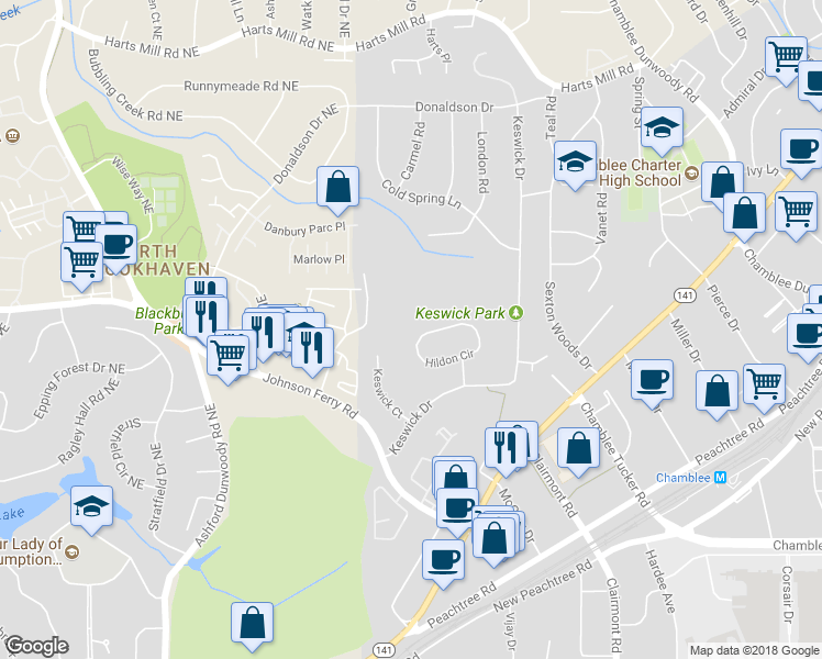 map of restaurants, bars, coffee shops, grocery stores, and more near 3504 Hildon Circle in Chamblee