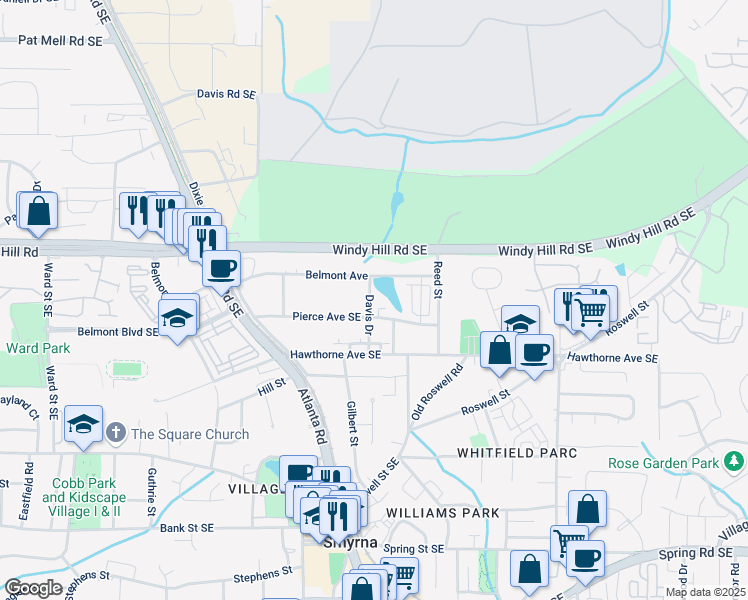 map of restaurants, bars, coffee shops, grocery stores, and more near 2467 Davis Drive in Smyrna
