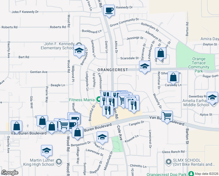map of restaurants, bars, coffee shops, grocery stores, and more near 8646 Cabin Place in Riverside