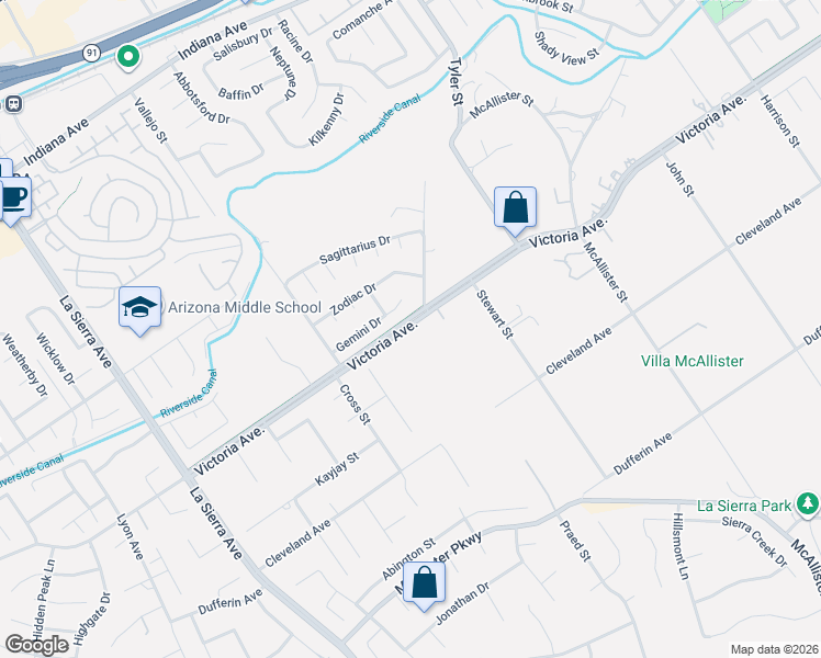 map of restaurants, bars, coffee shops, grocery stores, and more near 10620 Victoria Avenue in Riverside