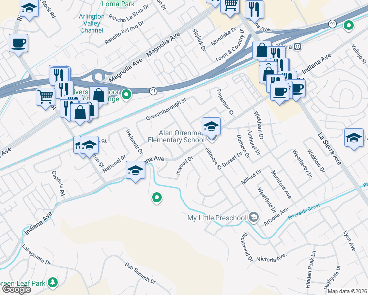 map of restaurants, bars, coffee shops, grocery stores, and more near 3403 Revere Road in Riverside