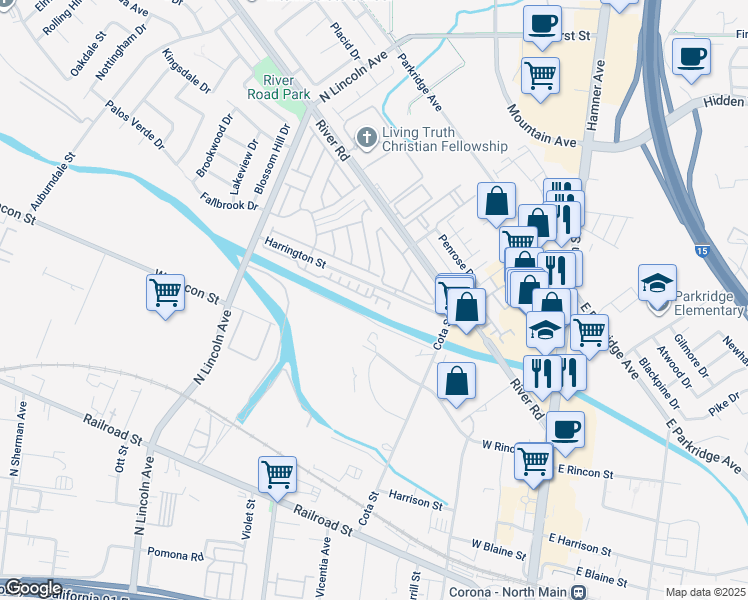 map of restaurants, bars, coffee shops, grocery stores, and more near 608 Harrington Street in Corona