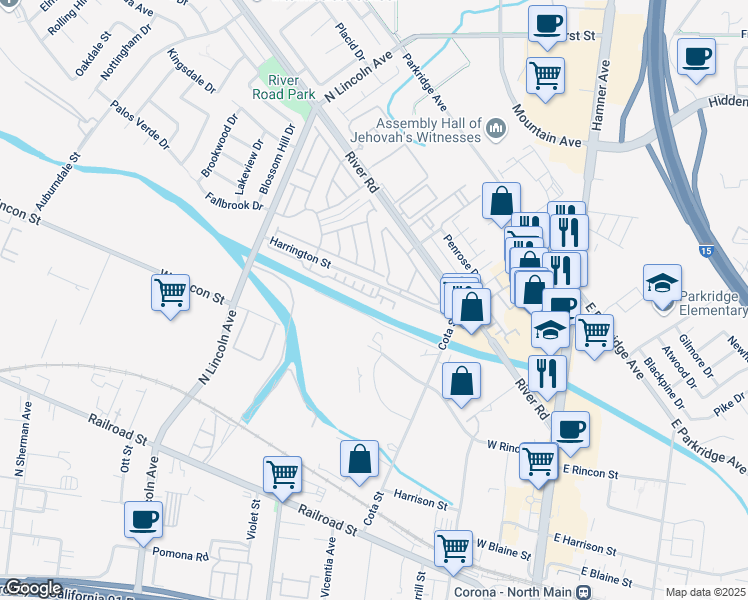 map of restaurants, bars, coffee shops, grocery stores, and more near 677 Savi Drive in Corona