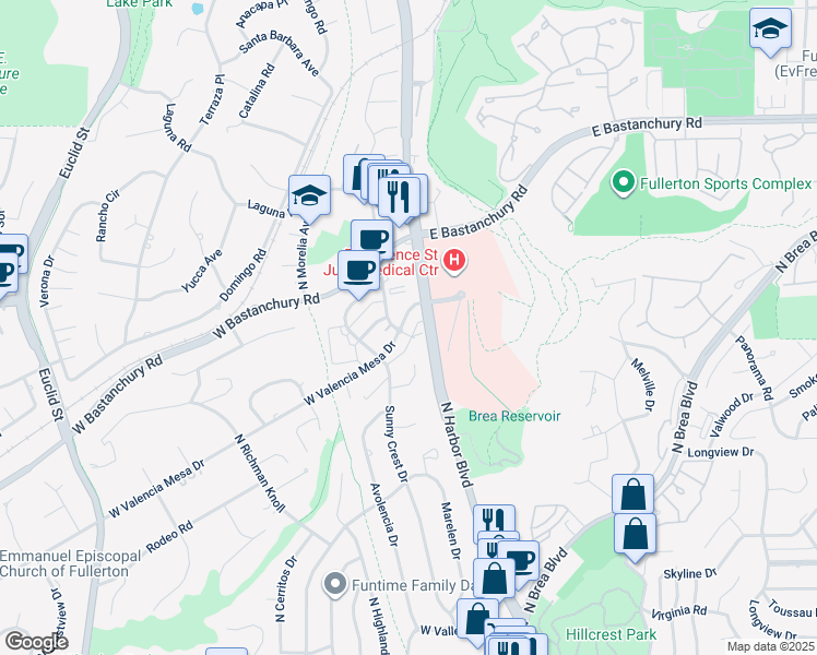 map of restaurants, bars, coffee shops, grocery stores, and more near 1807 Cristine Place in Fullerton
