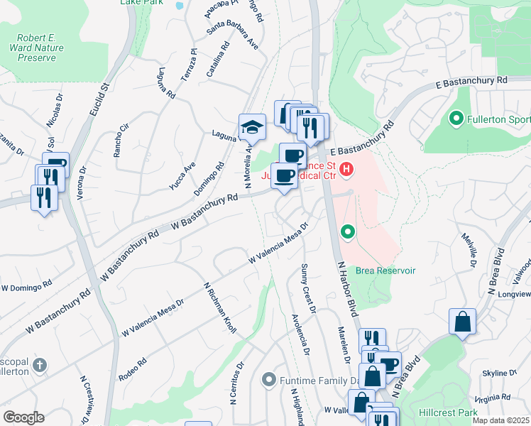 map of restaurants, bars, coffee shops, grocery stores, and more near 500 Green Acre Drive in Fullerton