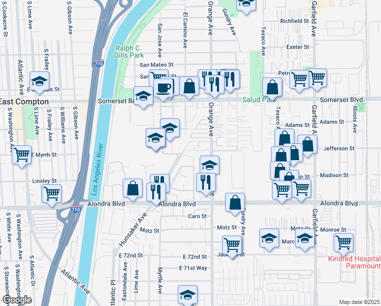 map of restaurants, bars, coffee shops, grocery stores, and more near 15530 Delcombre Avenue in Paramount