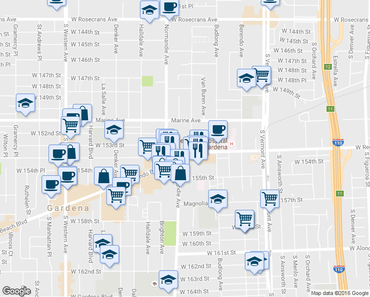 map of restaurants, bars, coffee shops, grocery stores, and more near 15303 South Raymond Avenue in Gardena