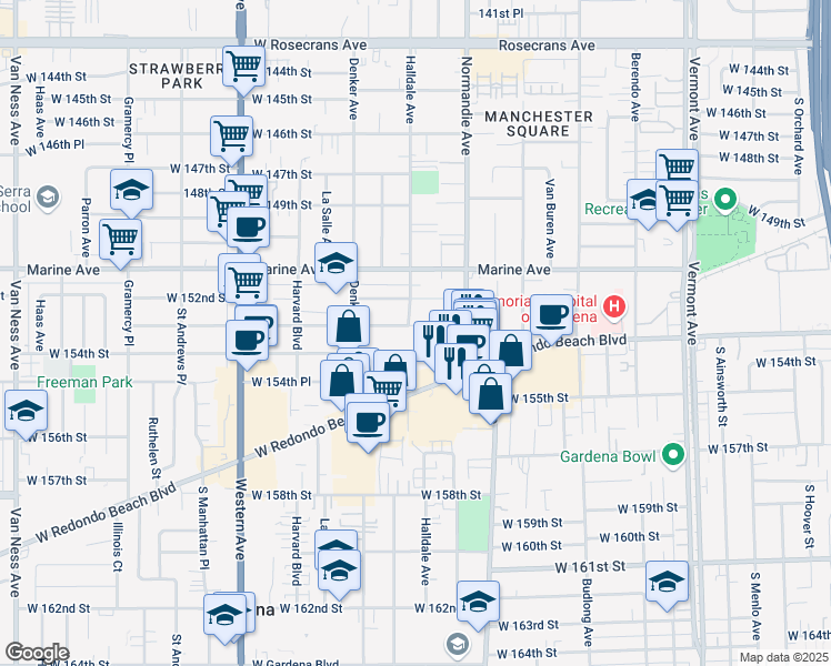 map of restaurants, bars, coffee shops, grocery stores, and more near 1492 West 153rd Street in Gardena