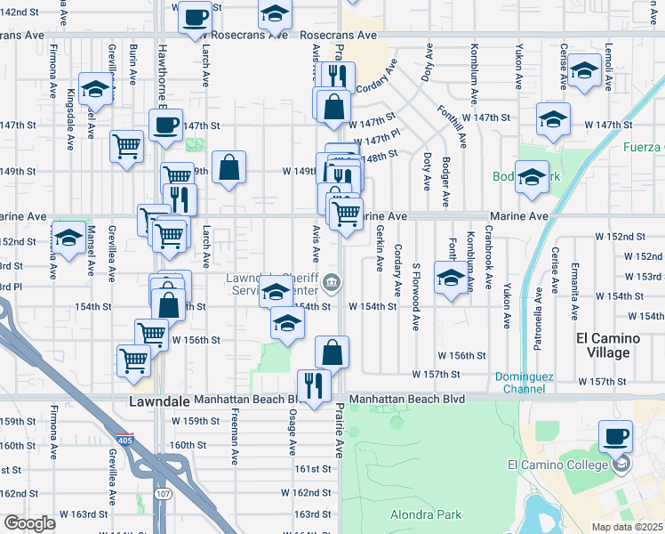 map of restaurants, bars, coffee shops, grocery stores, and more near 15235 Prairie Avenue in Lawndale