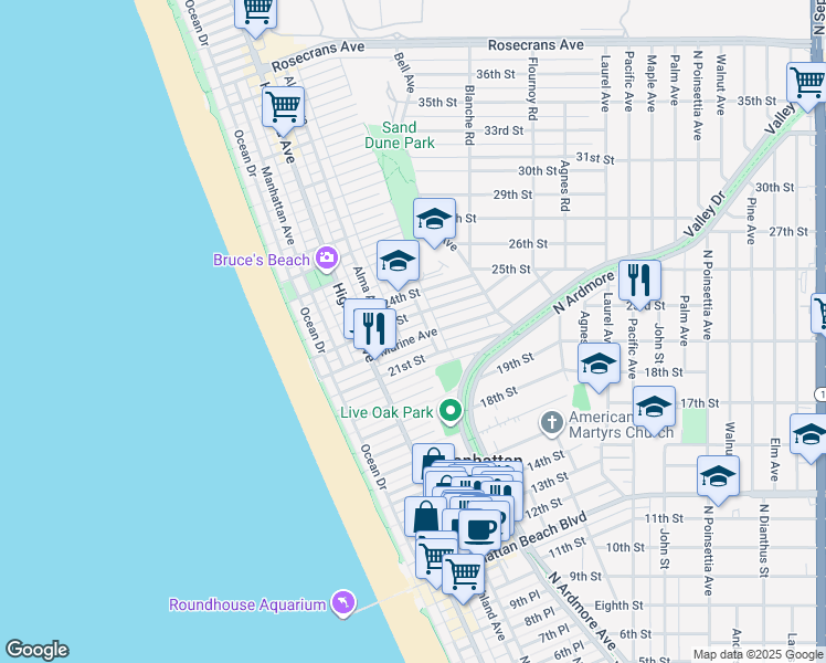 map of restaurants, bars, coffee shops, grocery stores, and more near 448 Marine Avenue in Manhattan Beach