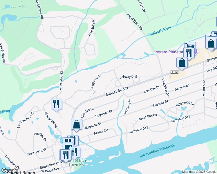 map of restaurants, bars, coffee shops, grocery stores, and more near 517 Fairway Drive West in Sunset Beach