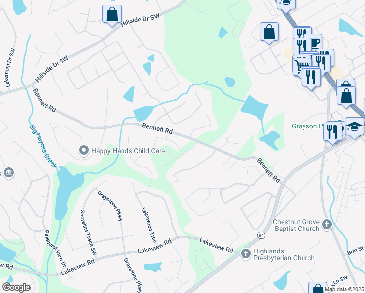 map of restaurants, bars, coffee shops, grocery stores, and more near 621 Pineberry Court in Grayson