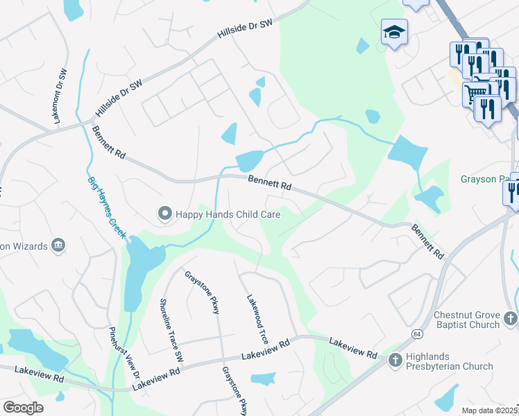 map of restaurants, bars, coffee shops, grocery stores, and more near 811 Pineberry Court in Grayson
