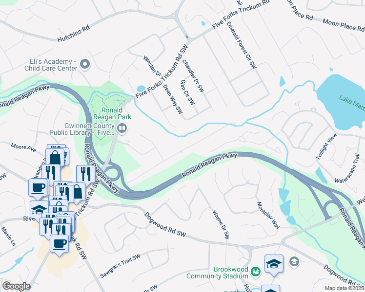map of restaurants, bars, coffee shops, grocery stores, and more near 2663 Marcia Drive Southwest in Lawrenceville