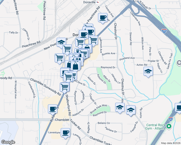 map of restaurants, bars, coffee shops, grocery stores, and more near 3485 Alison Drive in Doraville