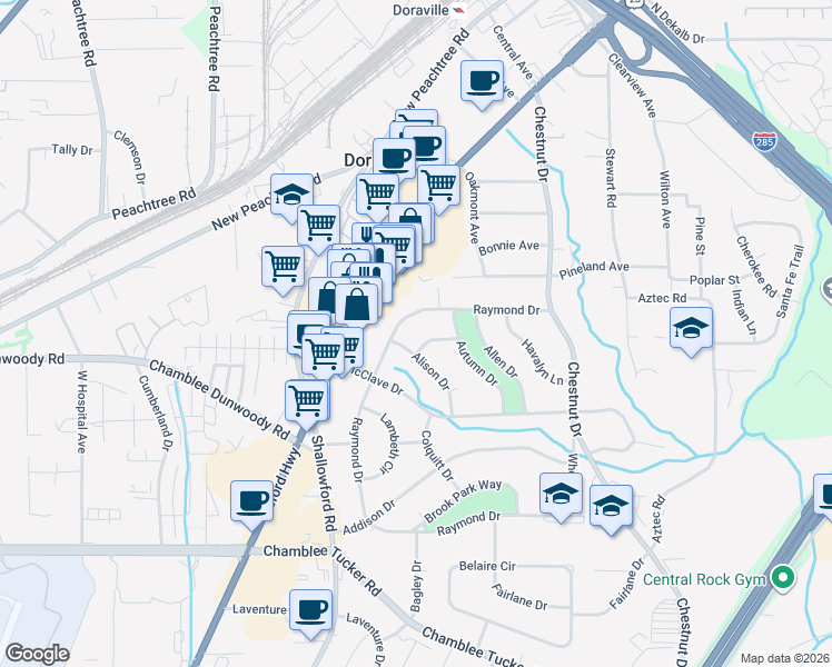 map of restaurants, bars, coffee shops, grocery stores, and more near 2622 Valmar Drive in Doraville