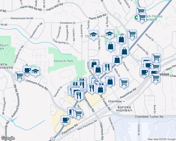 map of restaurants, bars, coffee shops, grocery stores, and more near 3480 Sexton Woods Drive in Chamblee