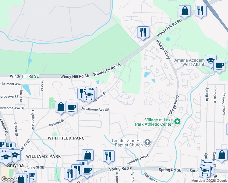 map of restaurants, bars, coffee shops, grocery stores, and more near 1810 Roswell Street Southeast in Smyrna