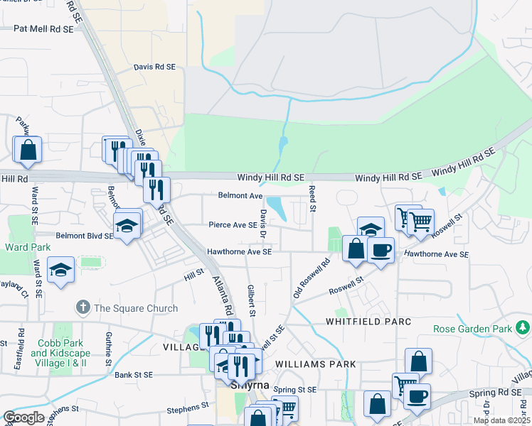 map of restaurants, bars, coffee shops, grocery stores, and more near 2467 Davis Drive in Smyrna