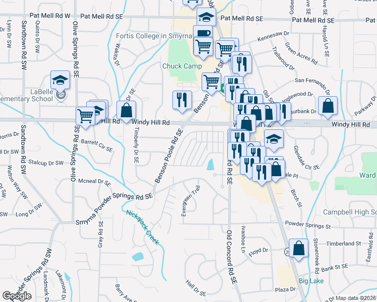 map of restaurants, bars, coffee shops, grocery stores, and more near 2041 White Cypress Court in Smyrna