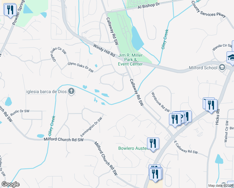 map of restaurants, bars, coffee shops, grocery stores, and more near 1263 Fairridge Circle Southwest in Marietta