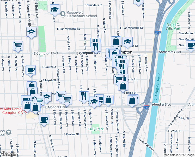 map of restaurants, bars, coffee shops, grocery stores, and more near 15422 South Butler Avenue in East Compton