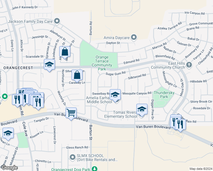 map of restaurants, bars, coffee shops, grocery stores, and more near 8750 Rosebay Court in Riverside