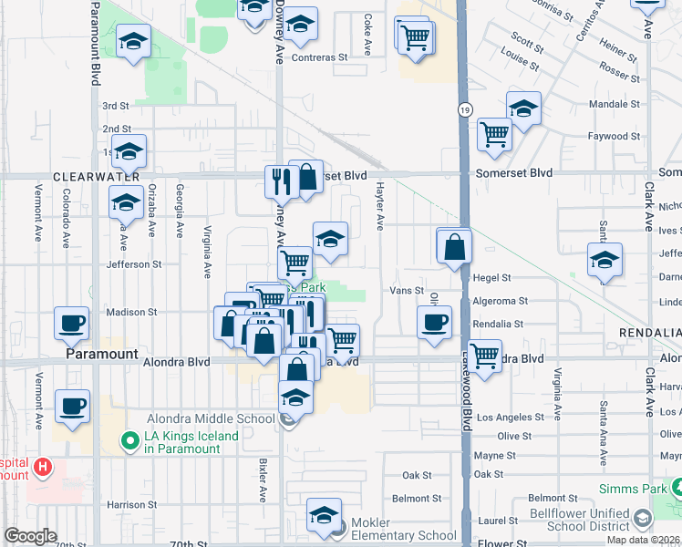 map of restaurants, bars, coffee shops, grocery stores, and more near 8600 Jefferson Street in Paramount