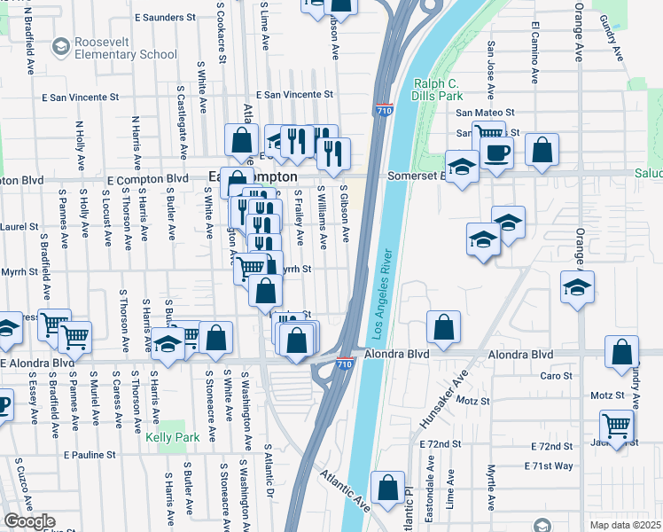 map of restaurants, bars, coffee shops, grocery stores, and more near 15434 South Williams Avenue in Compton