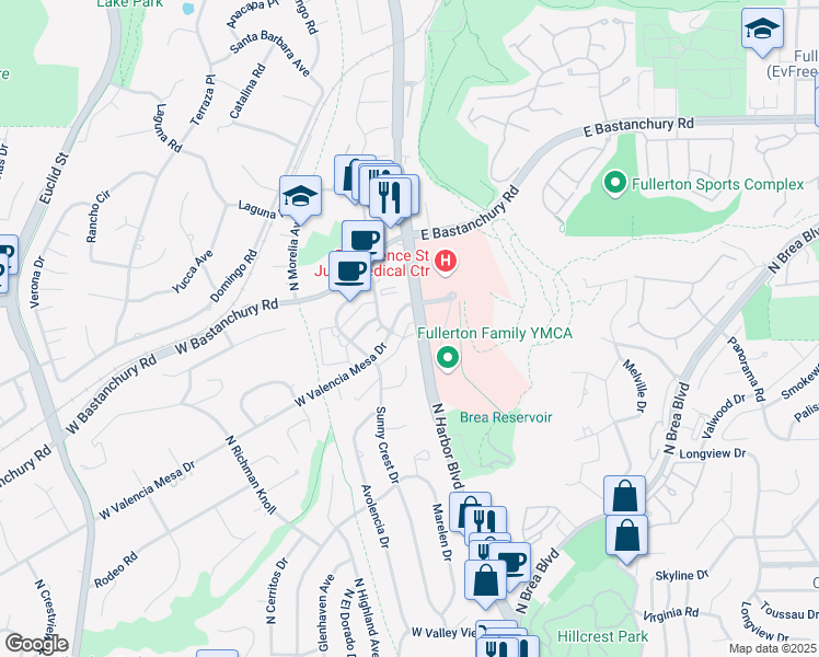 map of restaurants, bars, coffee shops, grocery stores, and more near 1807 Cristine Place in Fullerton