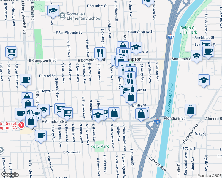 map of restaurants, bars, coffee shops, grocery stores, and more near 15427 South White Avenue in Compton