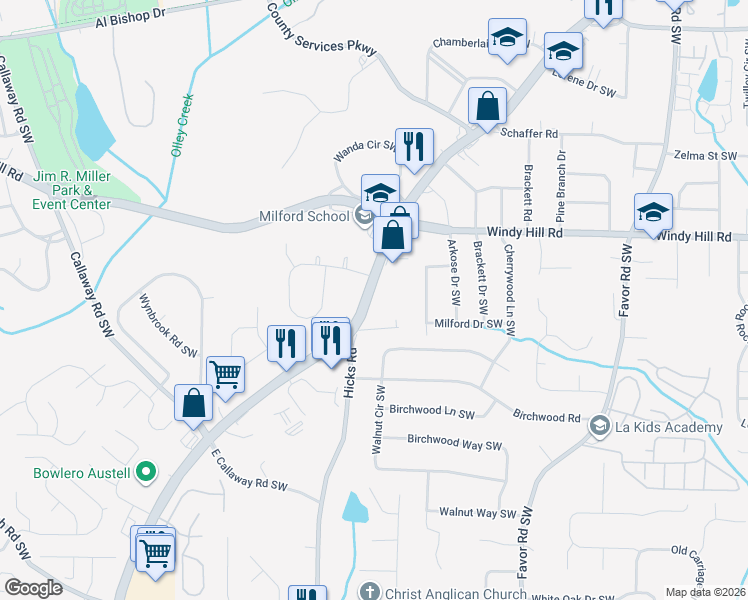map of restaurants, bars, coffee shops, grocery stores, and more near 2505 Austell Road Southwest in Marietta