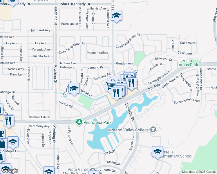 map of restaurants, bars, coffee shops, grocery stores, and more near 15661 Lasselle Street in Moreno Valley