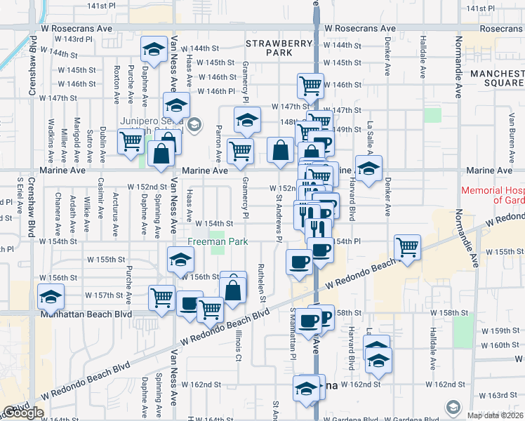 map of restaurants, bars, coffee shops, grocery stores, and more near 1930 West 153rd Street in Gardena