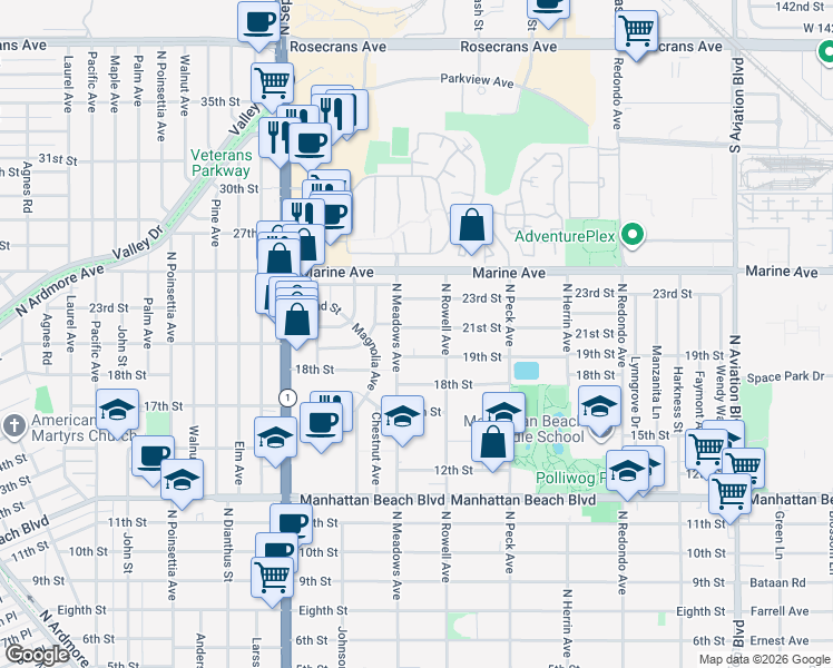 map of restaurants, bars, coffee shops, grocery stores, and more near 1334 21st Street in Manhattan Beach