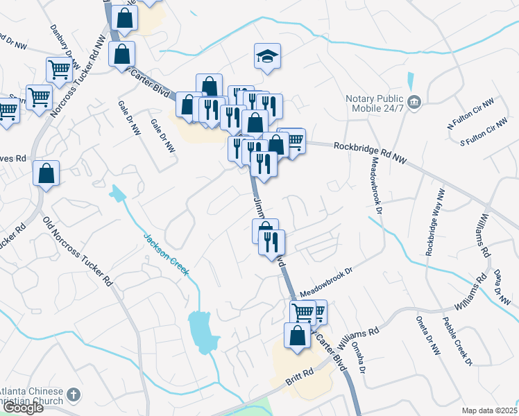 map of restaurants, bars, coffee shops, grocery stores, and more near Jimmy Carter Boulevard in Norcross