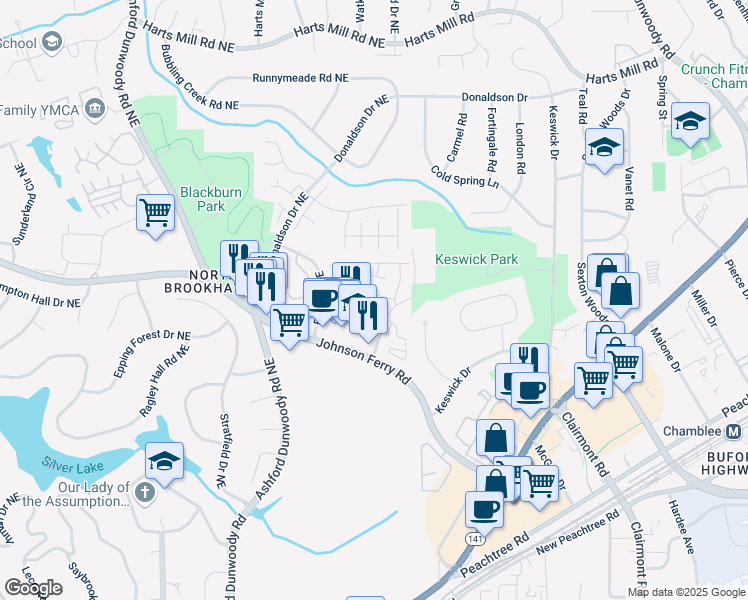 map of restaurants, bars, coffee shops, grocery stores, and more near 3633 Brookleigh Lane Northeast in Brookhaven