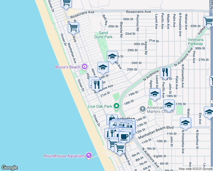 map of restaurants, bars, coffee shops, grocery stores, and more near in Manhattan Beach